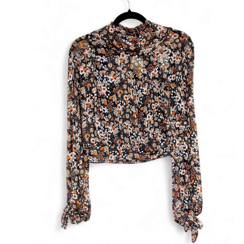 Free People Floral Mesh Mock Neck Open Back Boho Sheer Floral Long Sleeve Blouse